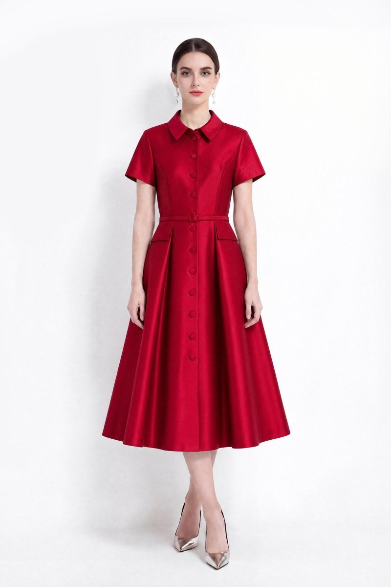 Satin Point-Collar Full-Button Midi Dress with Flap Pockets and Belted Waist