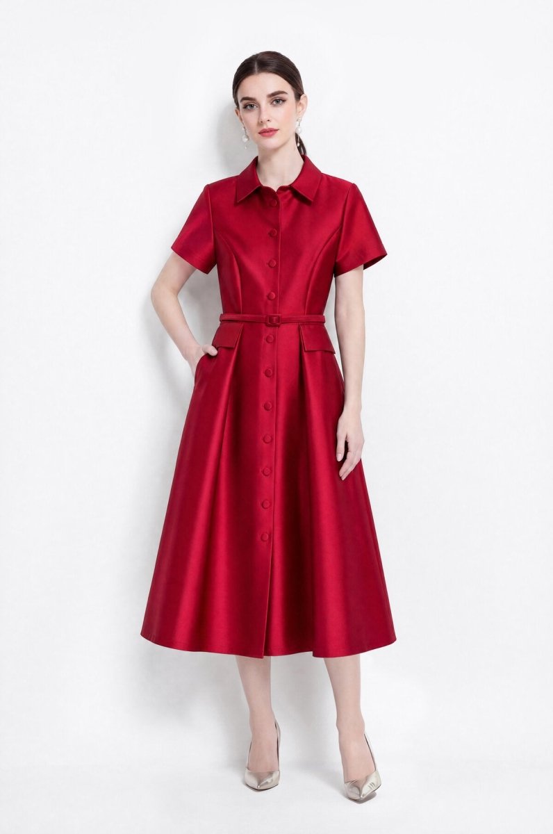 Satin Point-Collar Full-Button Midi Dress with Flap Pockets and Belted Waist