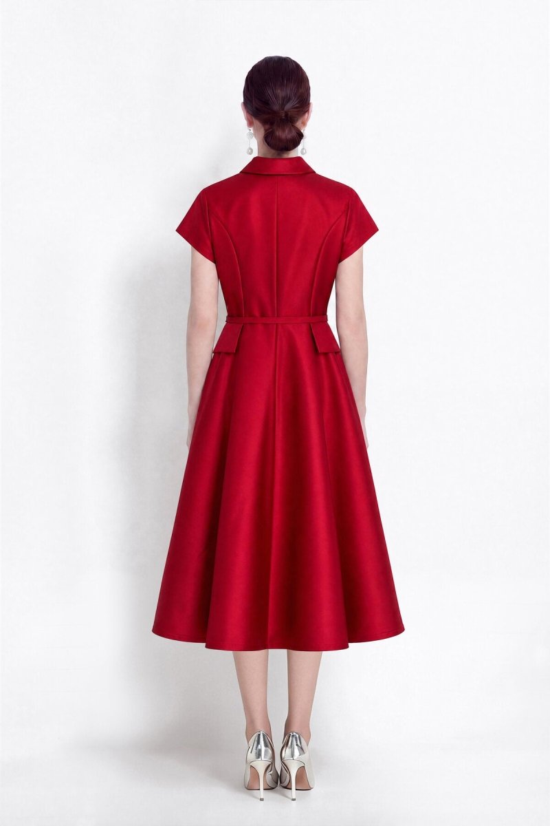 Satin Point-Collar Full-Button Midi Dress with Flap Pockets and Belted Waist