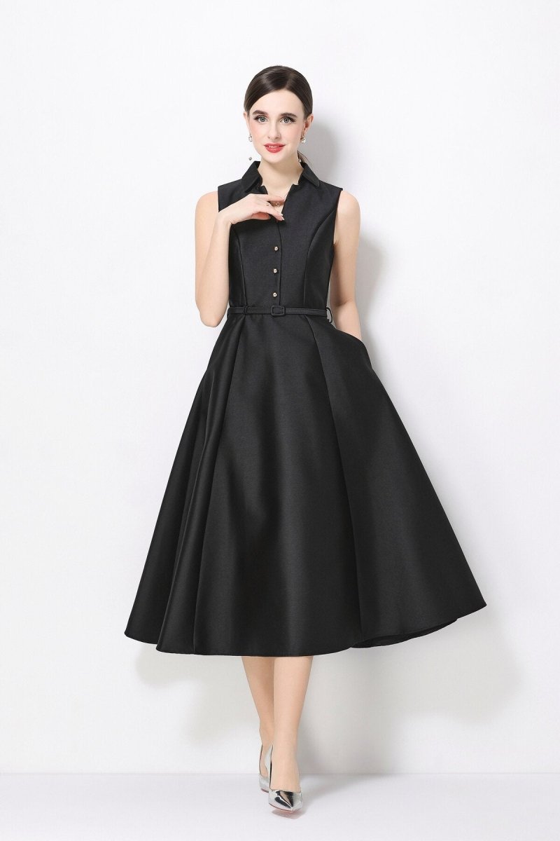Satin Point-Collar Sleeveless Midi Dress with Belt & Full A-Line Skirt