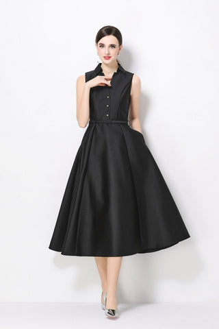 Satin Point-Collar Sleeveless Midi Dress with Belt & Full A-Line Skirt