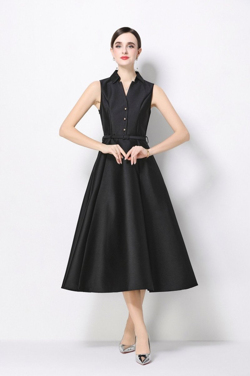 Satin Point-Collar Sleeveless Midi Dress with Belt & Full A-Line Skirt