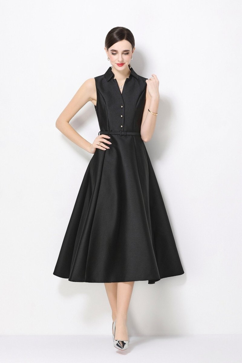 Satin Point-Collar Sleeveless Midi Dress with Belt & Full A-Line Skirt