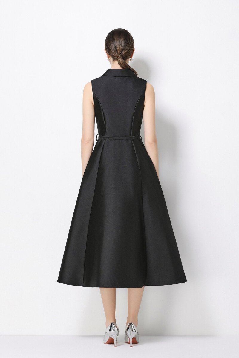 Satin Point-Collar Sleeveless Midi Dress with Belt & Full A-Line Skirt