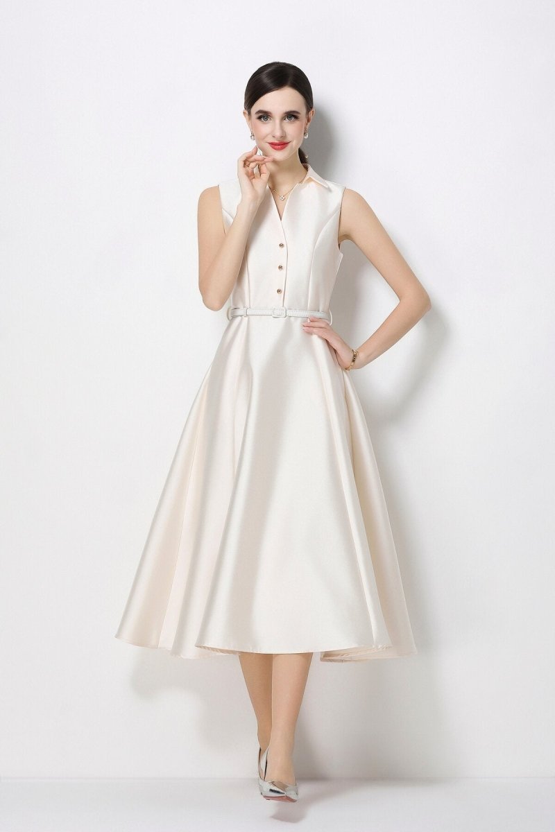 Satin Point-Collar Sleeveless Midi Dress with Belt & Full A-Line Skirt