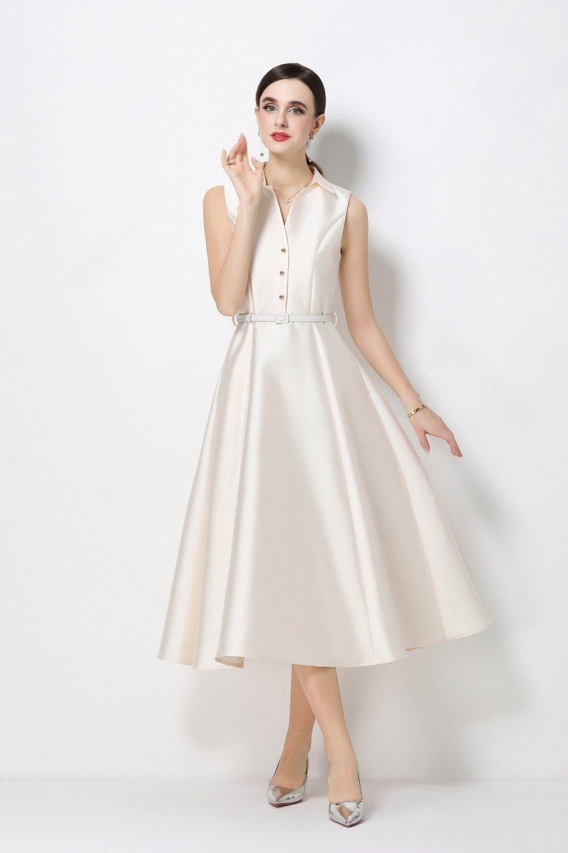 Satin Point-Collar Sleeveless Midi Dress with Belt & Full A-Line Skirt