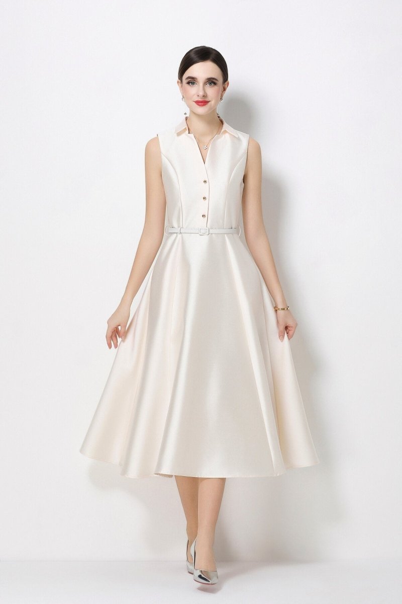 Satin Point-Collar Sleeveless Midi Dress with Belt & Full A-Line Skirt