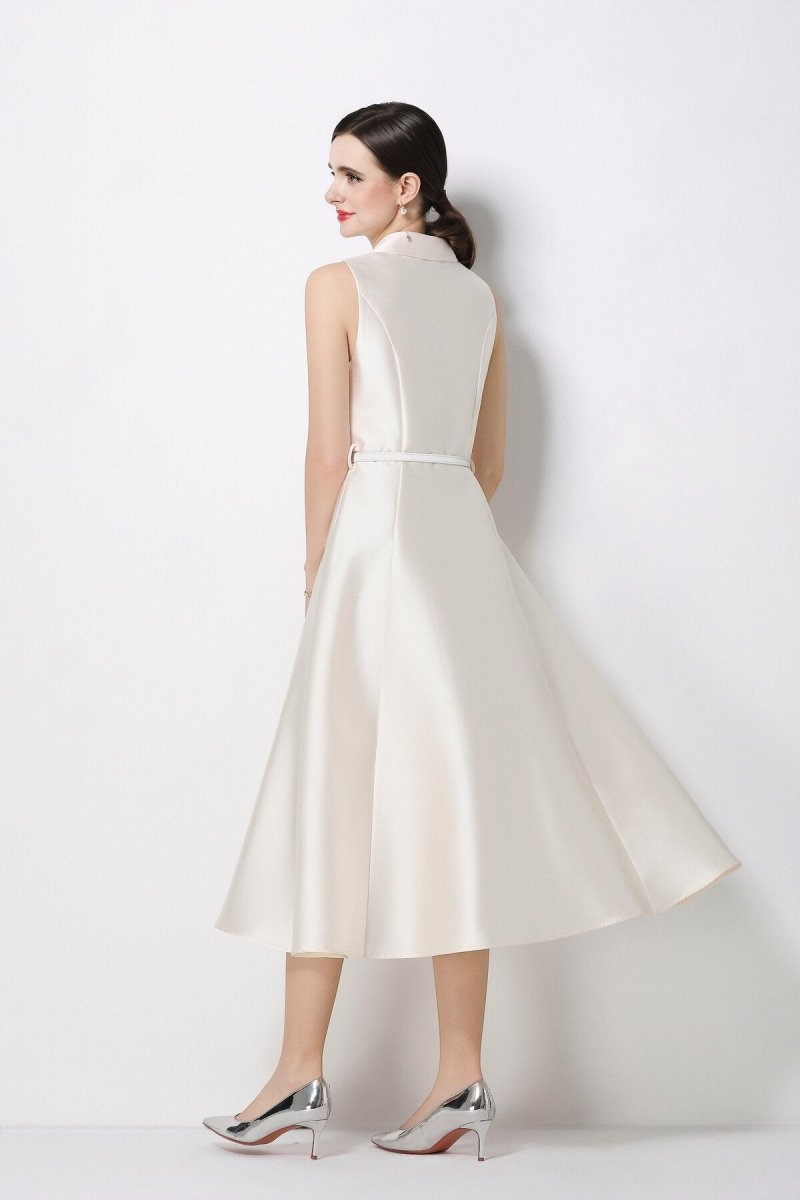 Satin Point-Collar Sleeveless Midi Dress with Belt & Full A-Line Skirt