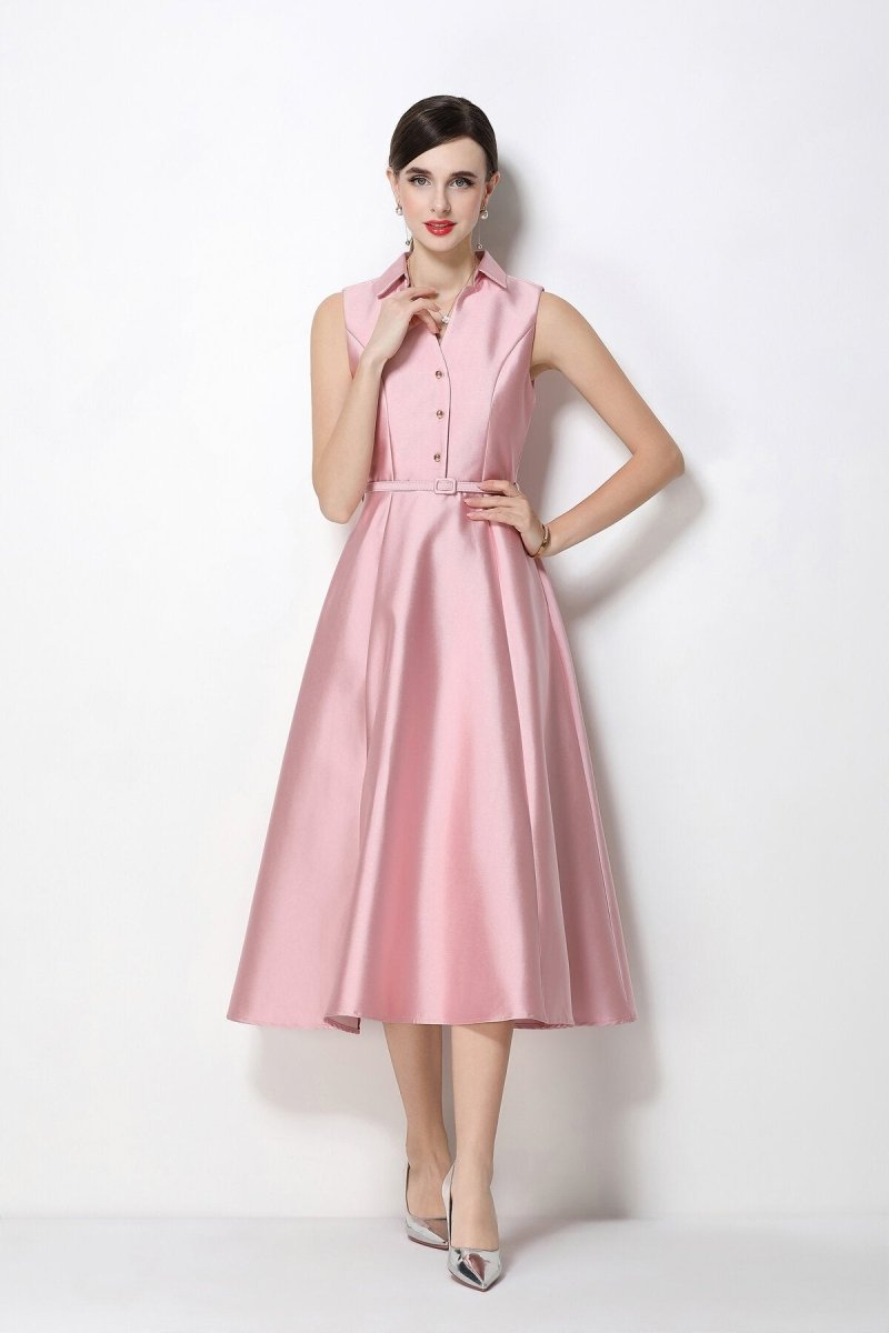 Satin Point-Collar Sleeveless Midi Dress with Belt & Full A-Line Skirt