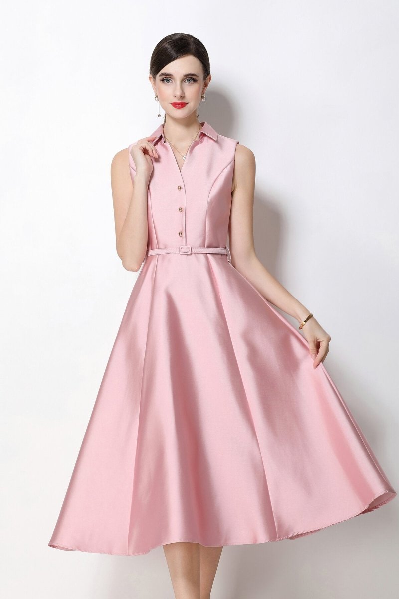 Satin Point-Collar Sleeveless Midi Dress with Belt & Full A-Line Skirt