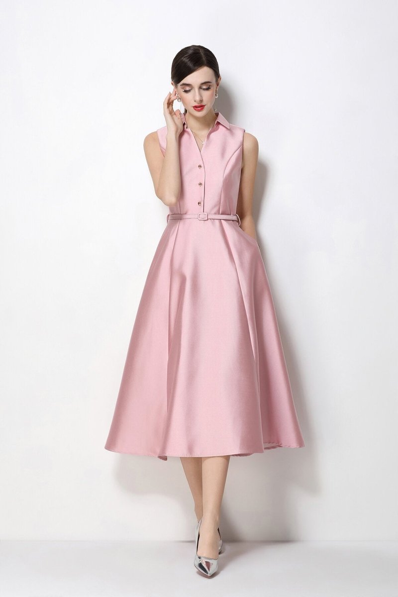 Satin Point-Collar Sleeveless Midi Dress with Belt & Full A-Line Skirt