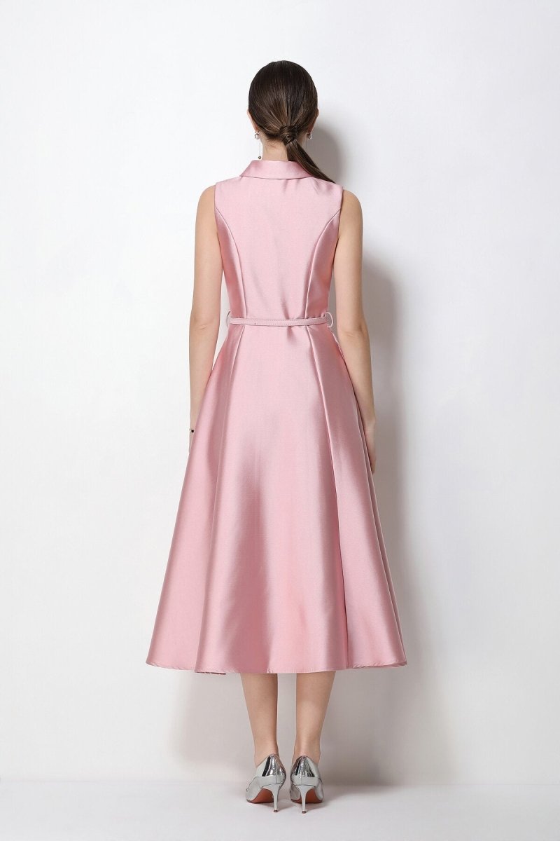 Satin Point-Collar Sleeveless Midi Dress with Belt & Full A-Line Skirt