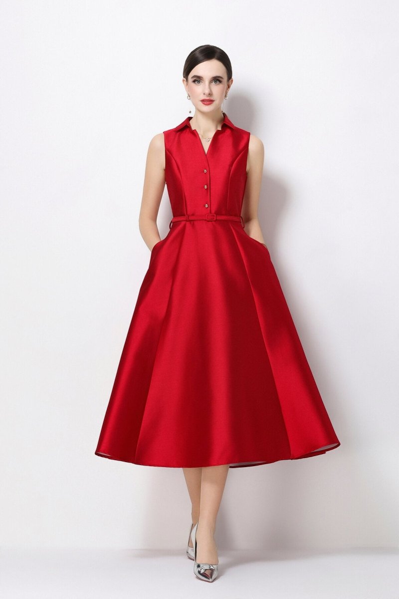 Satin Point-Collar Sleeveless Midi Dress with Belt & Full A-Line Skirt