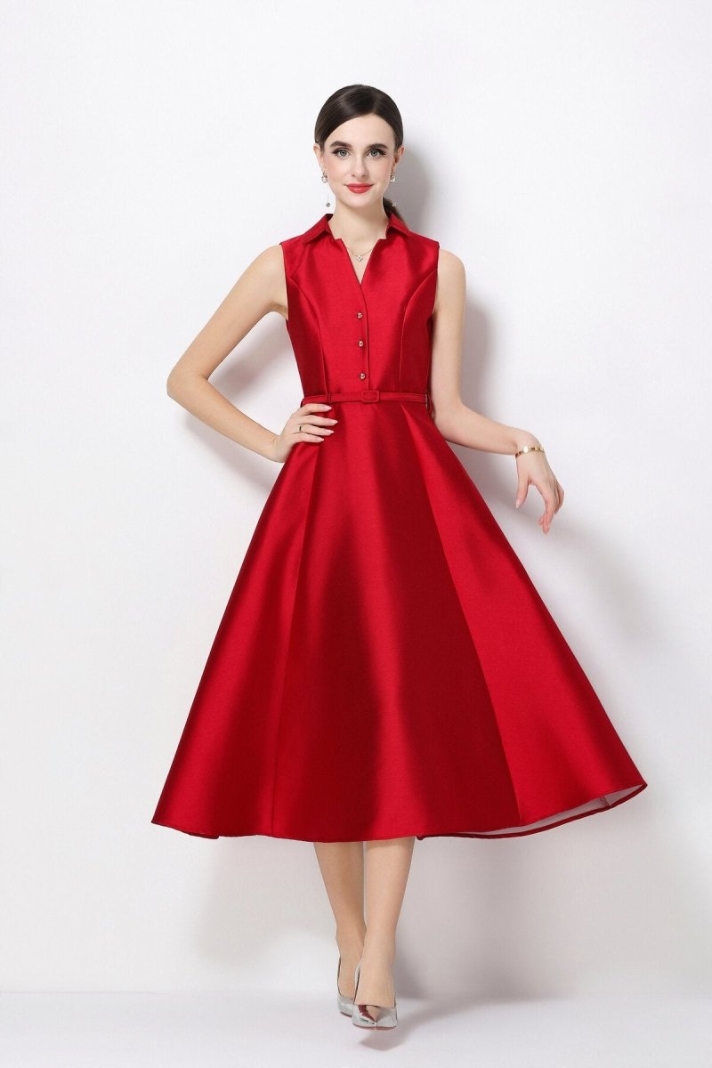 Satin Point-Collar Sleeveless Midi Dress with Belt & Full A-Line Skirt