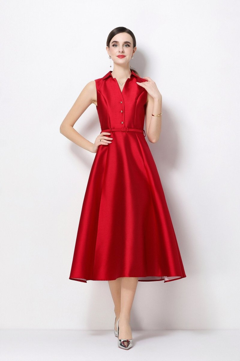 Satin Point-Collar Sleeveless Midi Dress with Belt & Full A-Line Skirt