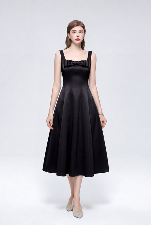Satin Square Neck Bow Midi Dress with Full A-Line Skirt