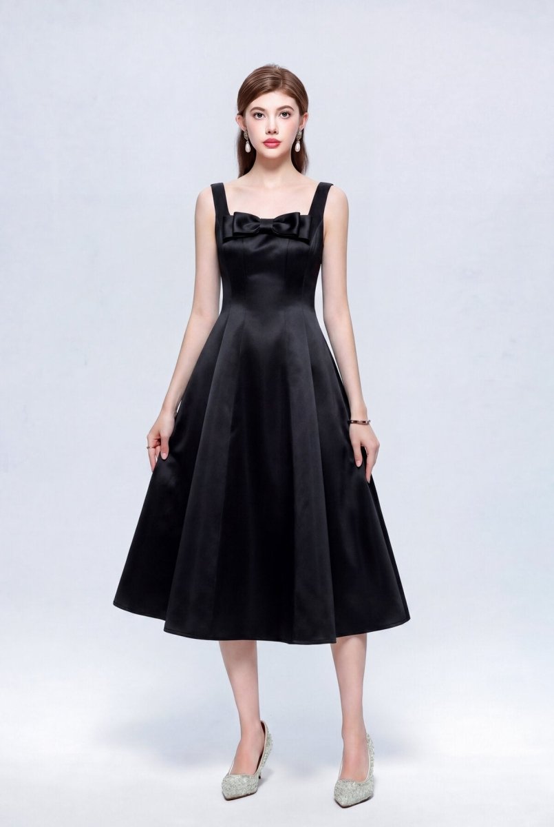 Satin Square Neck Bow Midi Dress with Full A-Line Skirt