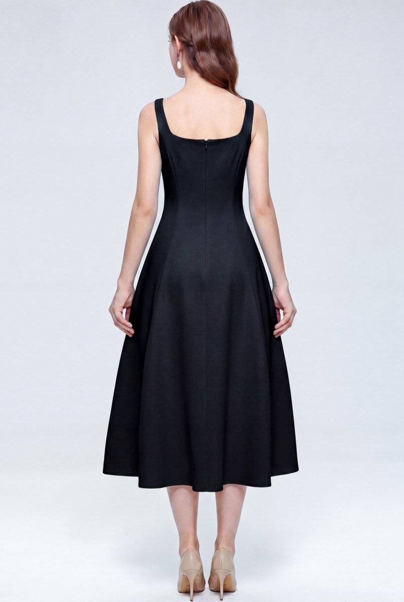 Satin Square Neck Bow Midi Dress with Full A-Line Skirt