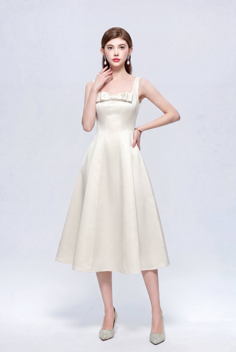 Satin Square Neck Bow Midi Dress with Full A-Line Skirt