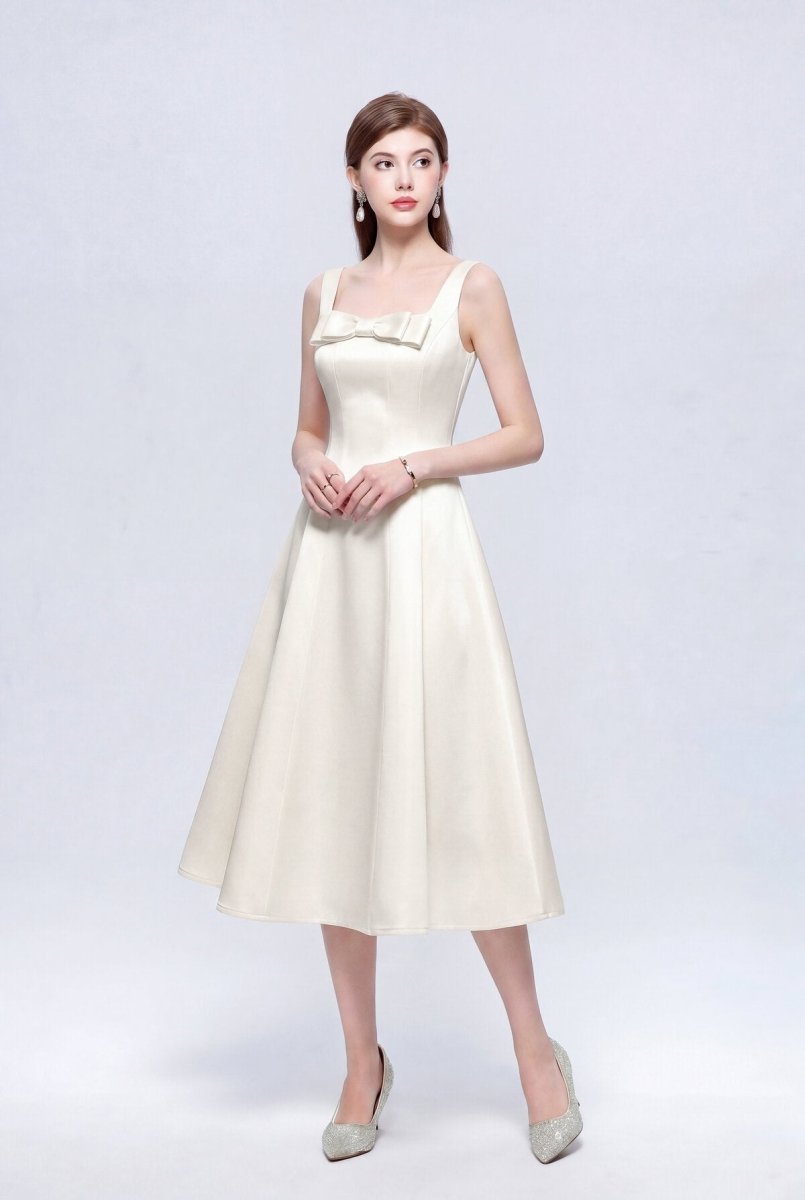 Satin Square Neck Bow Midi Dress with Full A-Line Skirt