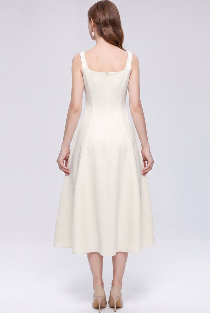 Satin Square Neck Bow Midi Dress with Full A-Line Skirt