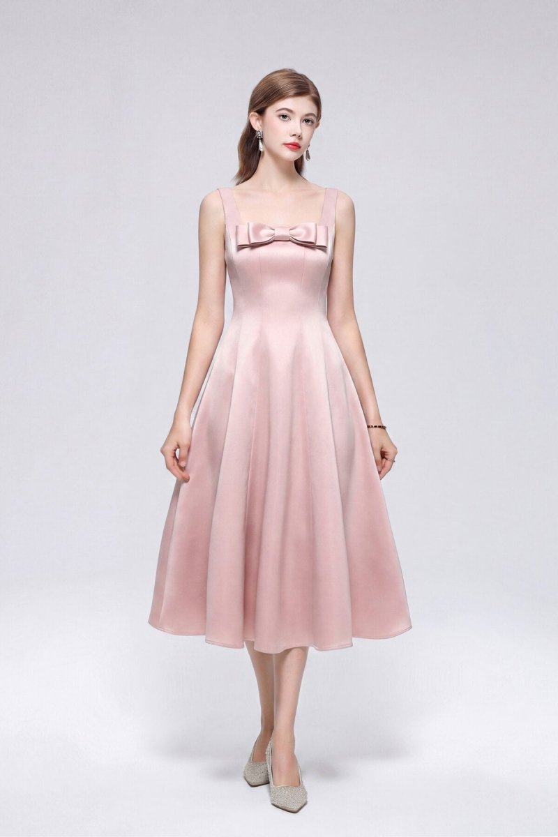Satin Square Neck Bow Midi Dress with Full A-Line Skirt