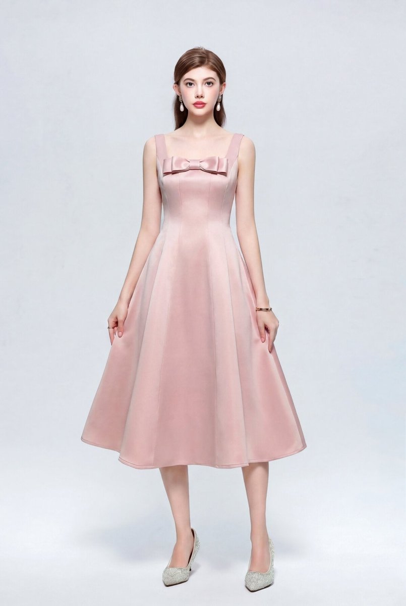 Satin Square Neck Bow Midi Dress with Full A-Line Skirt