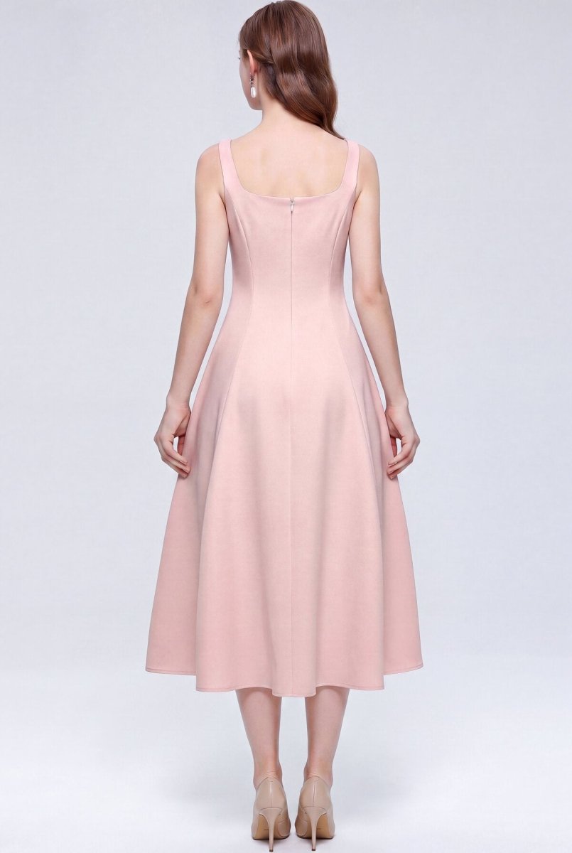 Satin Square Neck Bow Midi Dress with Full A-Line Skirt