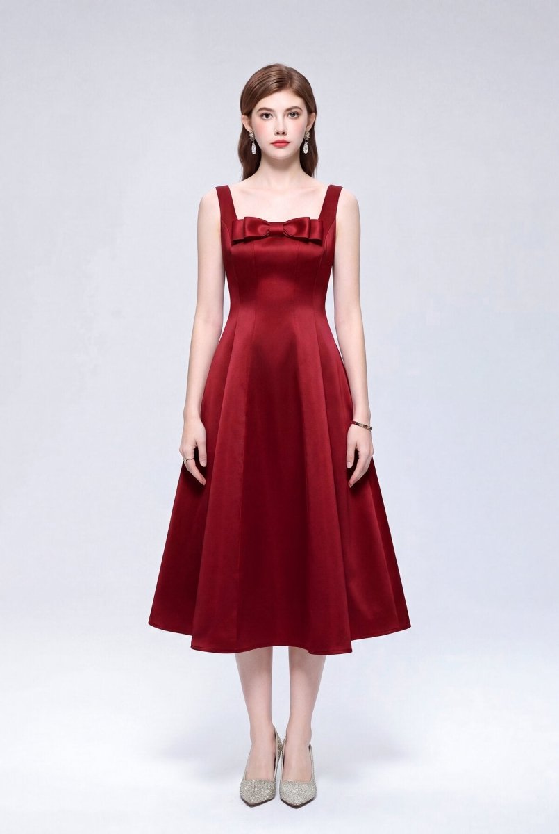 Satin Square Neck Bow Midi Dress with Full A-Line Skirt