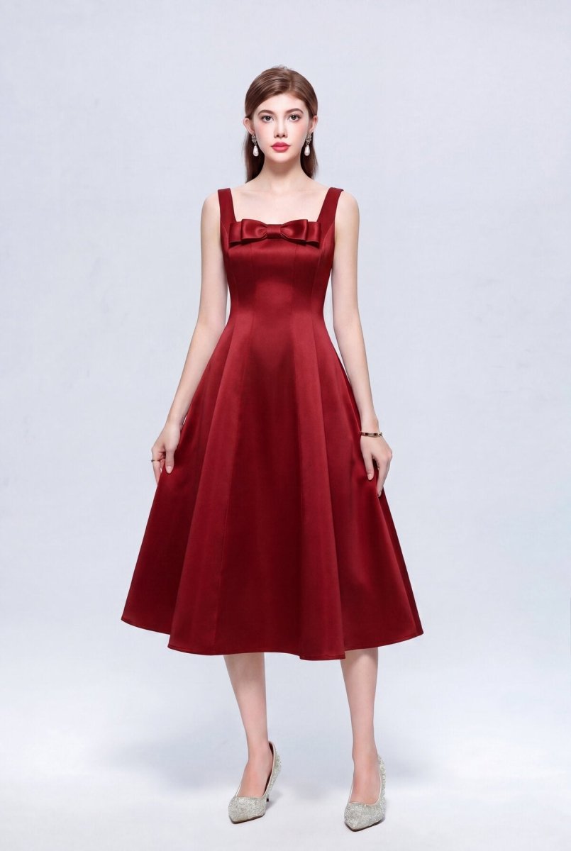 Satin Square Neck Bow Midi Dress with Full A-Line Skirt