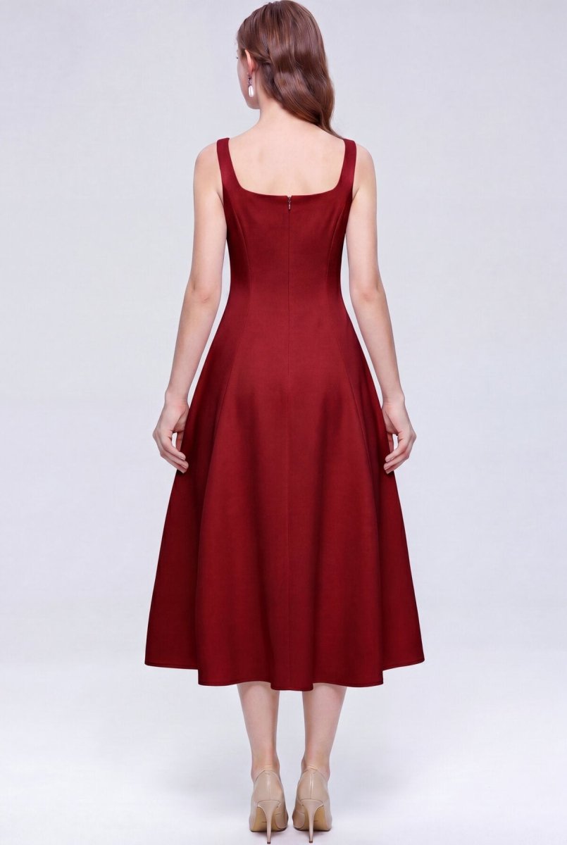 Satin Square Neck Bow Midi Dress with Full A-Line Skirt