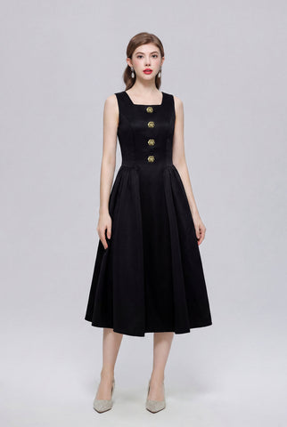 Satin Square-Neck Sleeveless Midi Dress with Gold Rosette Buttons and Pleated Skirt