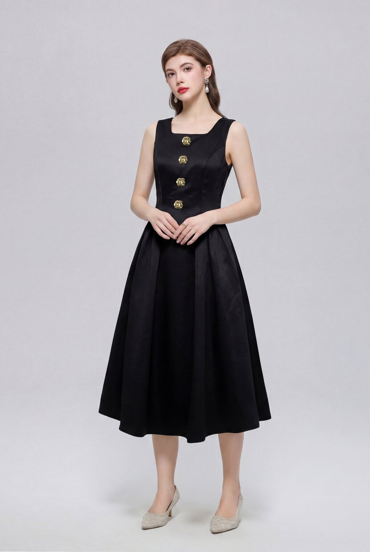 Satin Square-Neck Sleeveless Midi Dress with Gold Rosette Buttons and Pleated Skirt