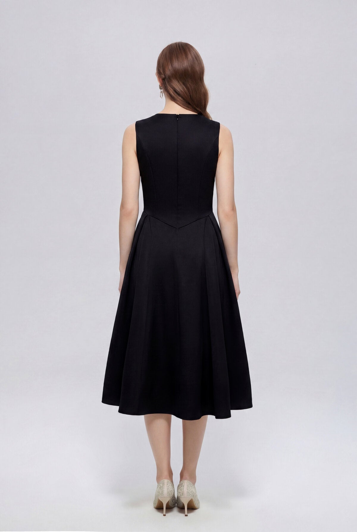 Satin Square-Neck Sleeveless Midi Dress with Gold Rosette Buttons and Pleated Skirt