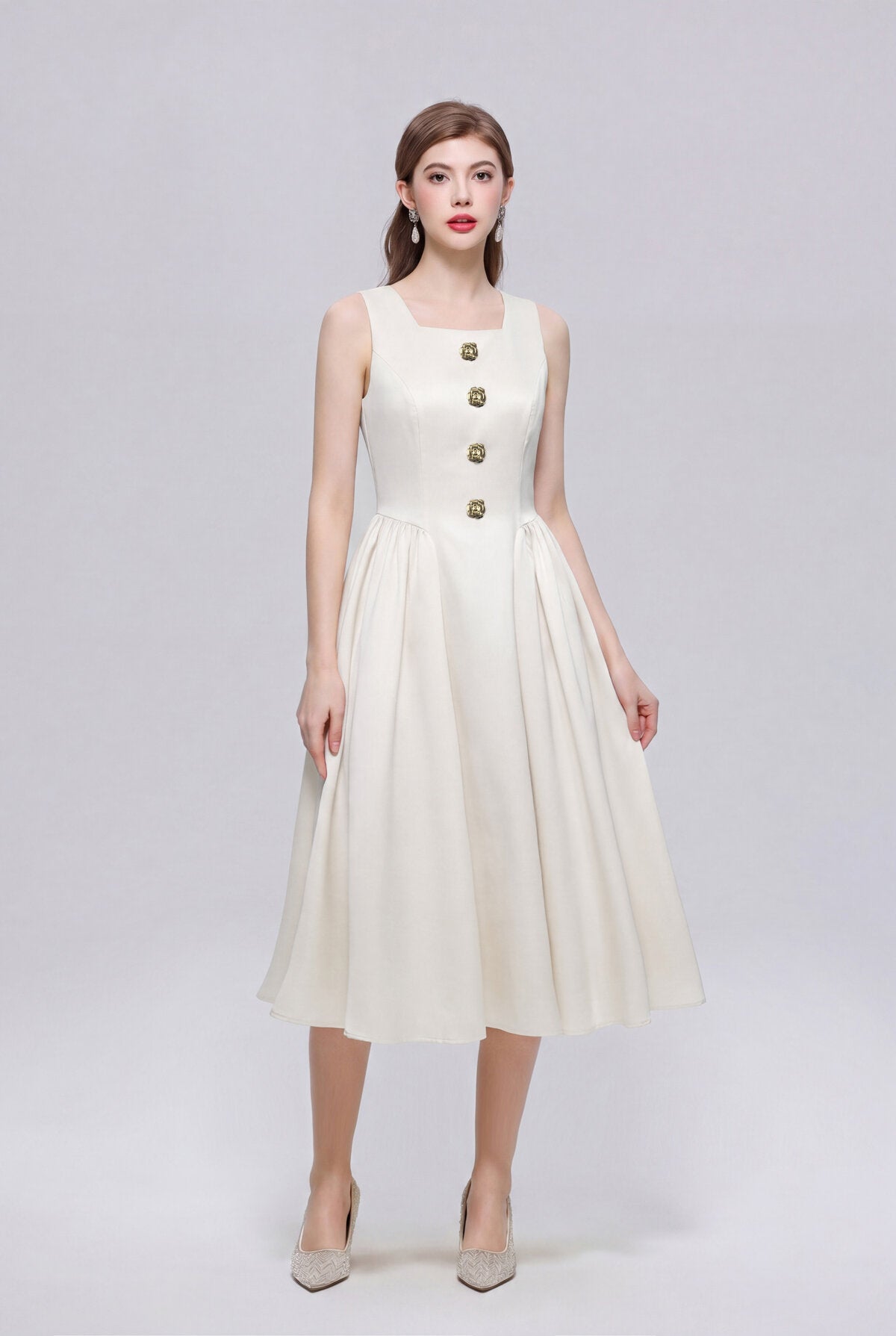 Satin Square-Neck Sleeveless Midi Dress with Gold Rosette Buttons and Pleated Skirt