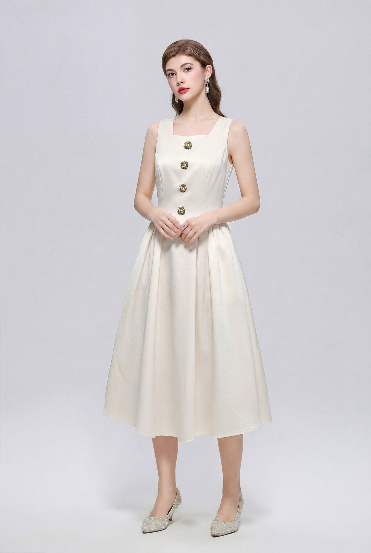 Satin Square-Neck Sleeveless Midi Dress with Gold Rosette Buttons and Pleated Skirt