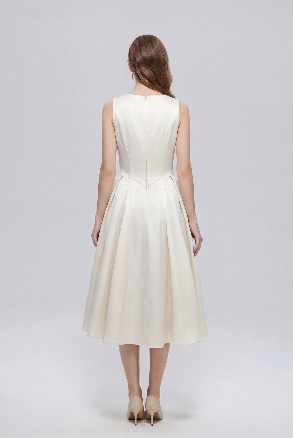 Satin Square-Neck Sleeveless Midi Dress with Gold Rosette Buttons and Pleated Skirt