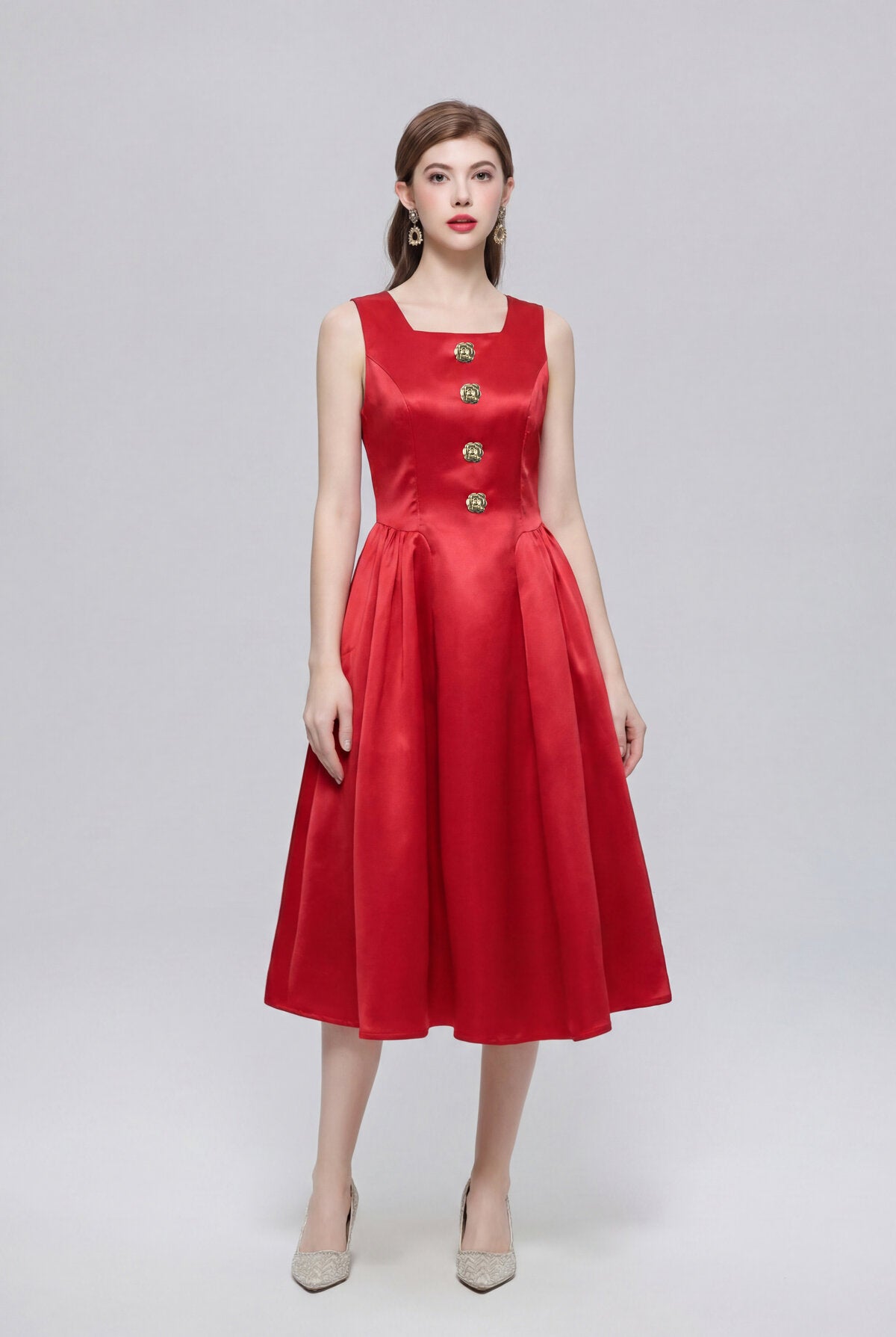 Satin Square-Neck Sleeveless Midi Dress with Gold Rosette Buttons and Pleated Skirt