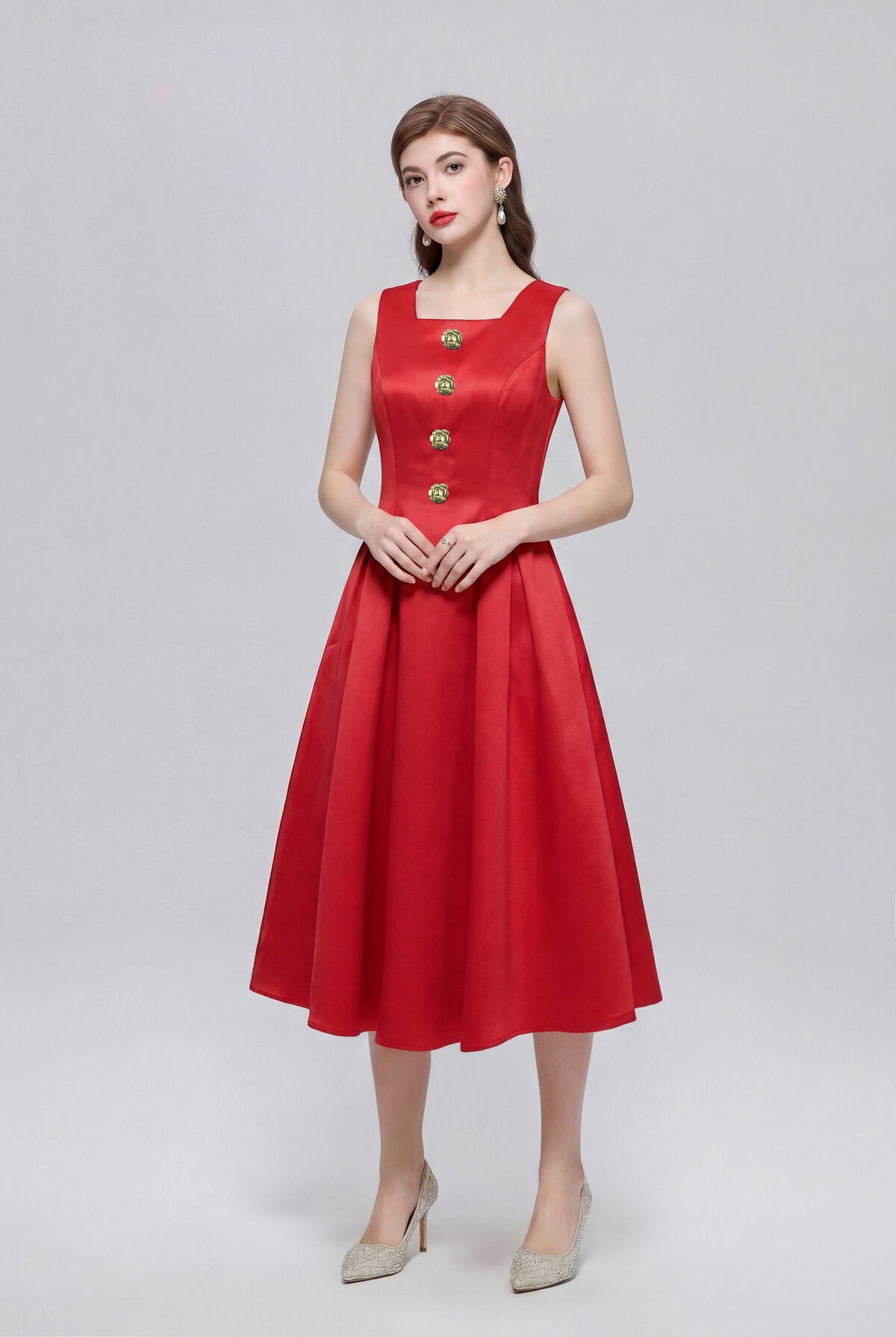 Satin Square-Neck Sleeveless Midi Dress with Gold Rosette Buttons and Pleated Skirt