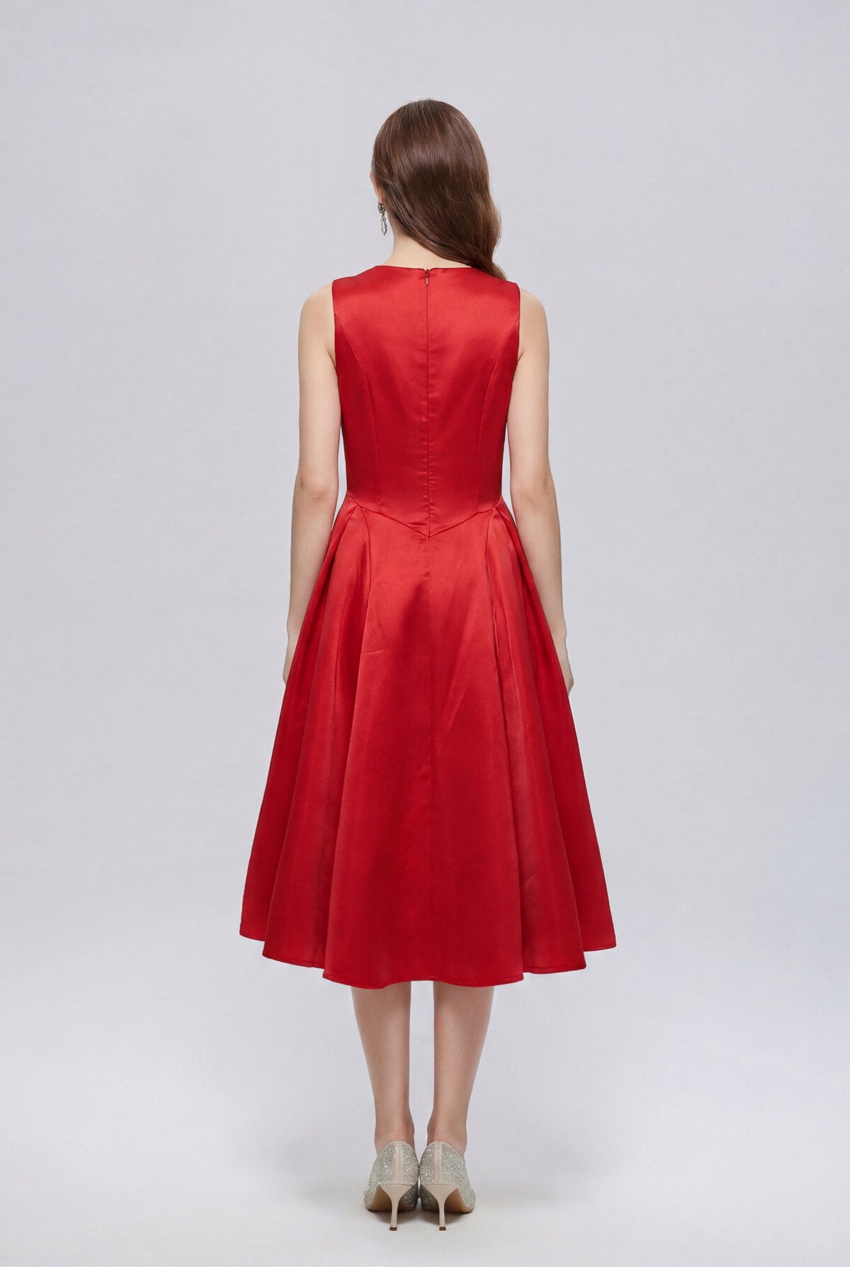 Satin Square-Neck Sleeveless Midi Dress with Gold Rosette Buttons and Pleated Skirt