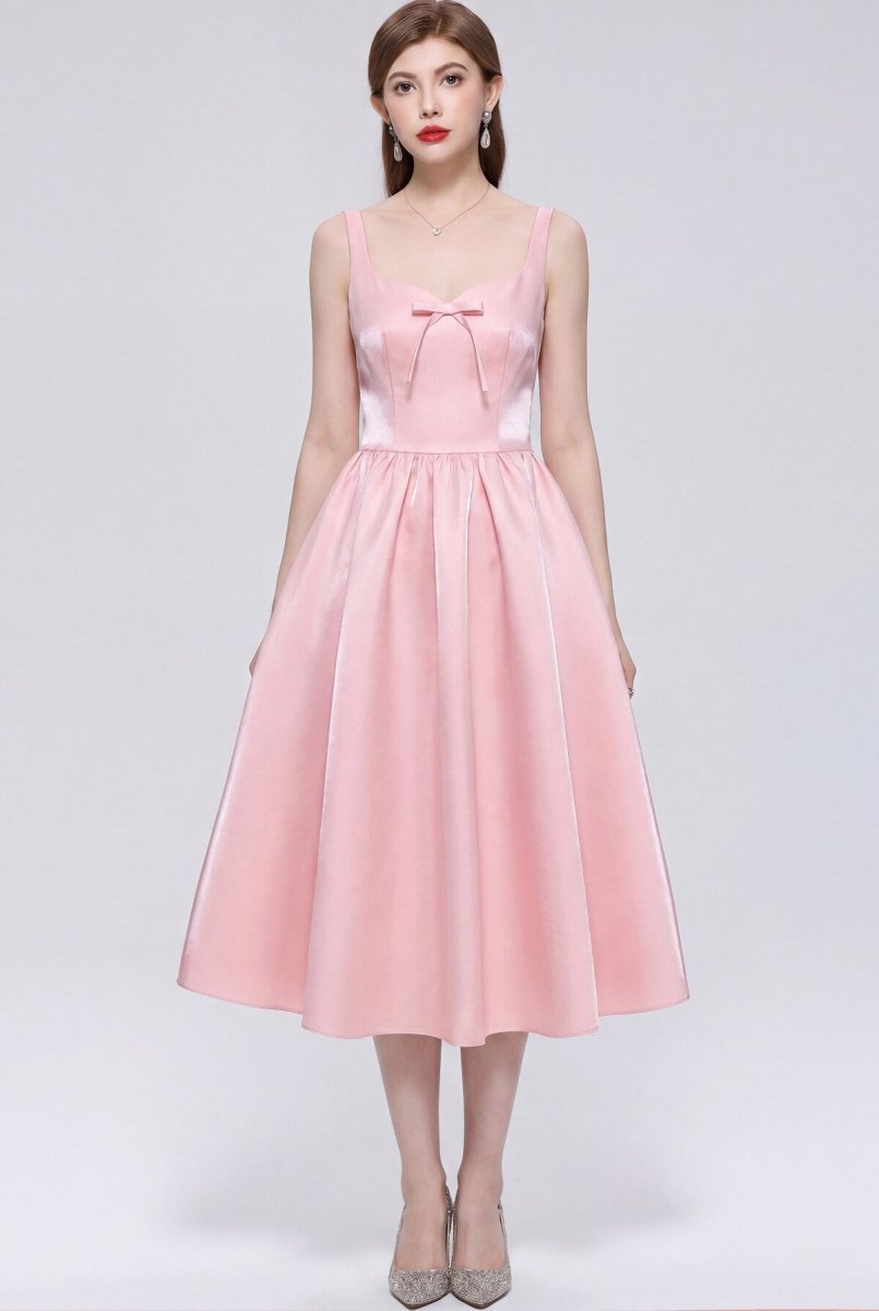 Satin Squared Sweetheart Bow Midi Dress with Structured Straps and Full Skirt