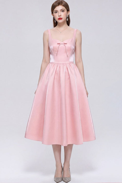 Satin Squared Sweetheart Bow Midi Dress with Structured Straps and Full Skirt