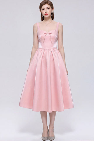 Satin Squared Sweetheart Bow Midi Dress with Structured Straps and Full Skirt