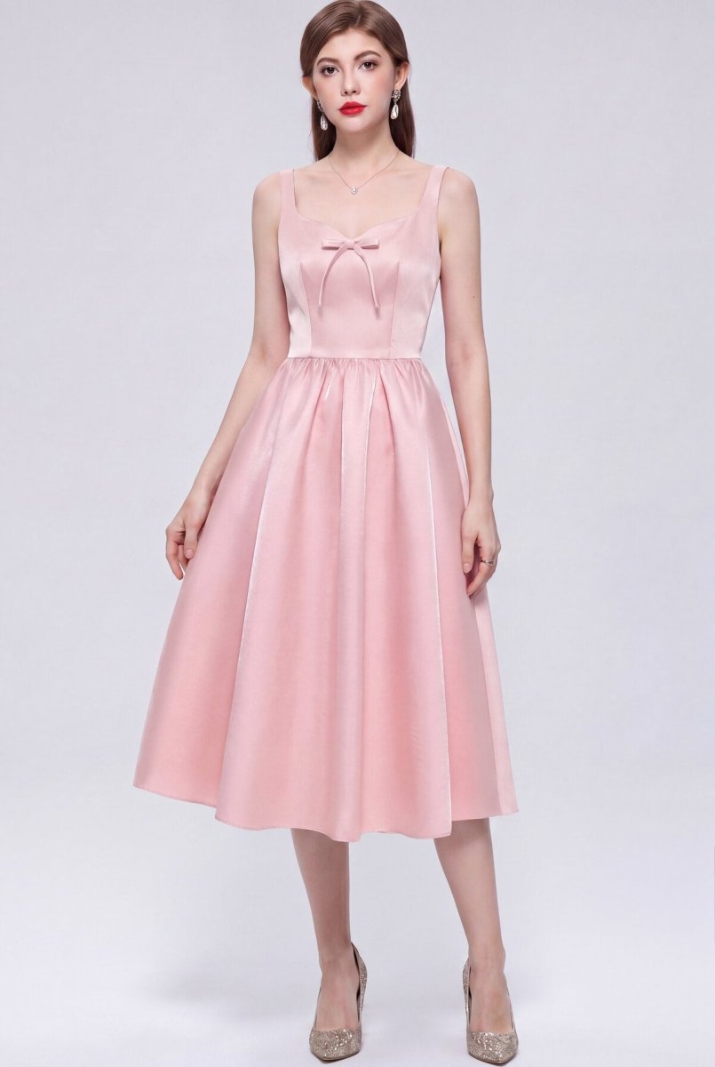 Satin Squared Sweetheart Bow Midi Dress with Structured Straps and Full Skirt