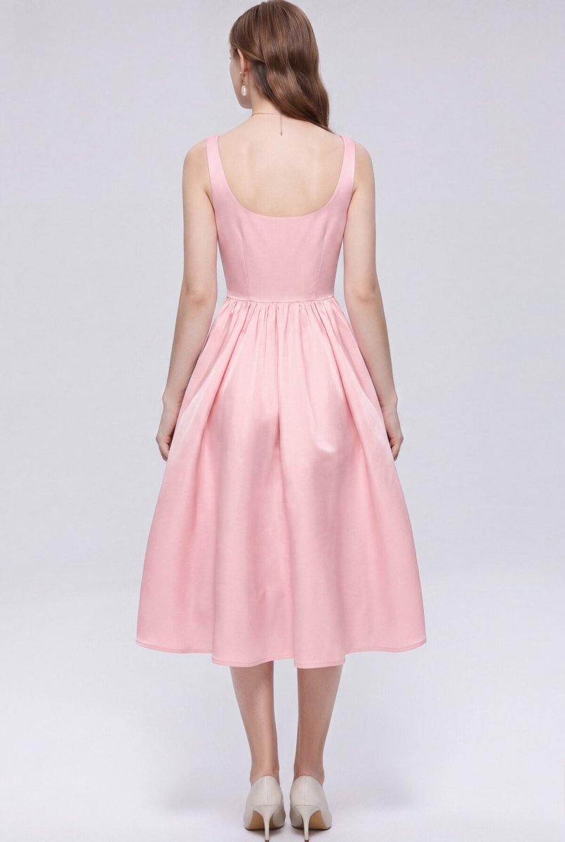 Satin Squared Sweetheart Bow Midi Dress with Structured Straps and Full Skirt