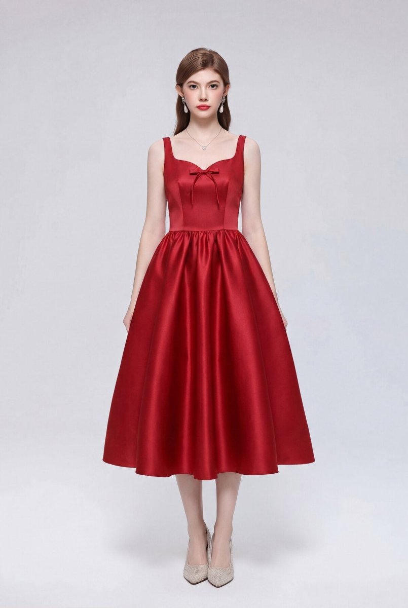 Satin Squared Sweetheart Bow Midi Dress with Structured Straps and Full Skirt