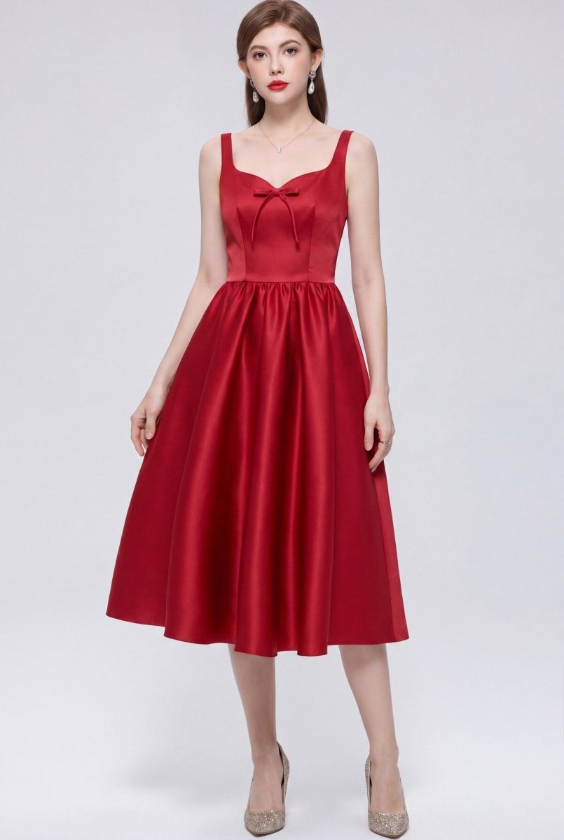 Satin Squared Sweetheart Bow Midi Dress with Structured Straps and Full Skirt