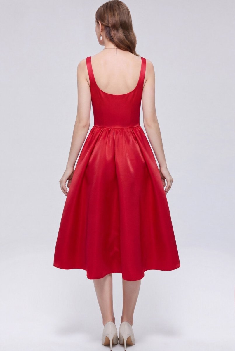 Satin Squared Sweetheart Bow Midi Dress with Structured Straps and Full Skirt