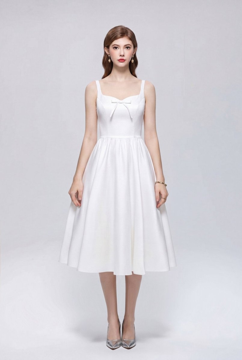 Satin Squared Sweetheart Bow Midi Dress with Structured Straps and Full Skirt