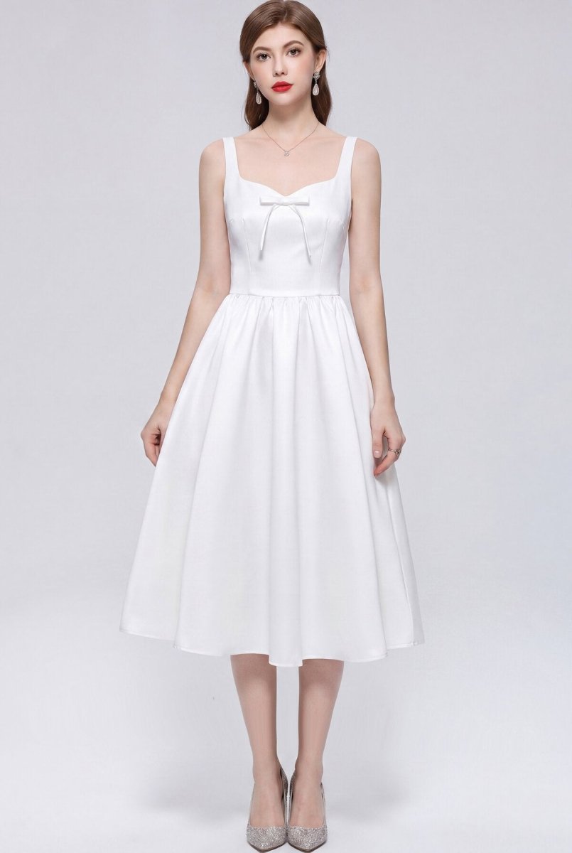 Satin Squared Sweetheart Bow Midi Dress with Structured Straps and Full Skirt